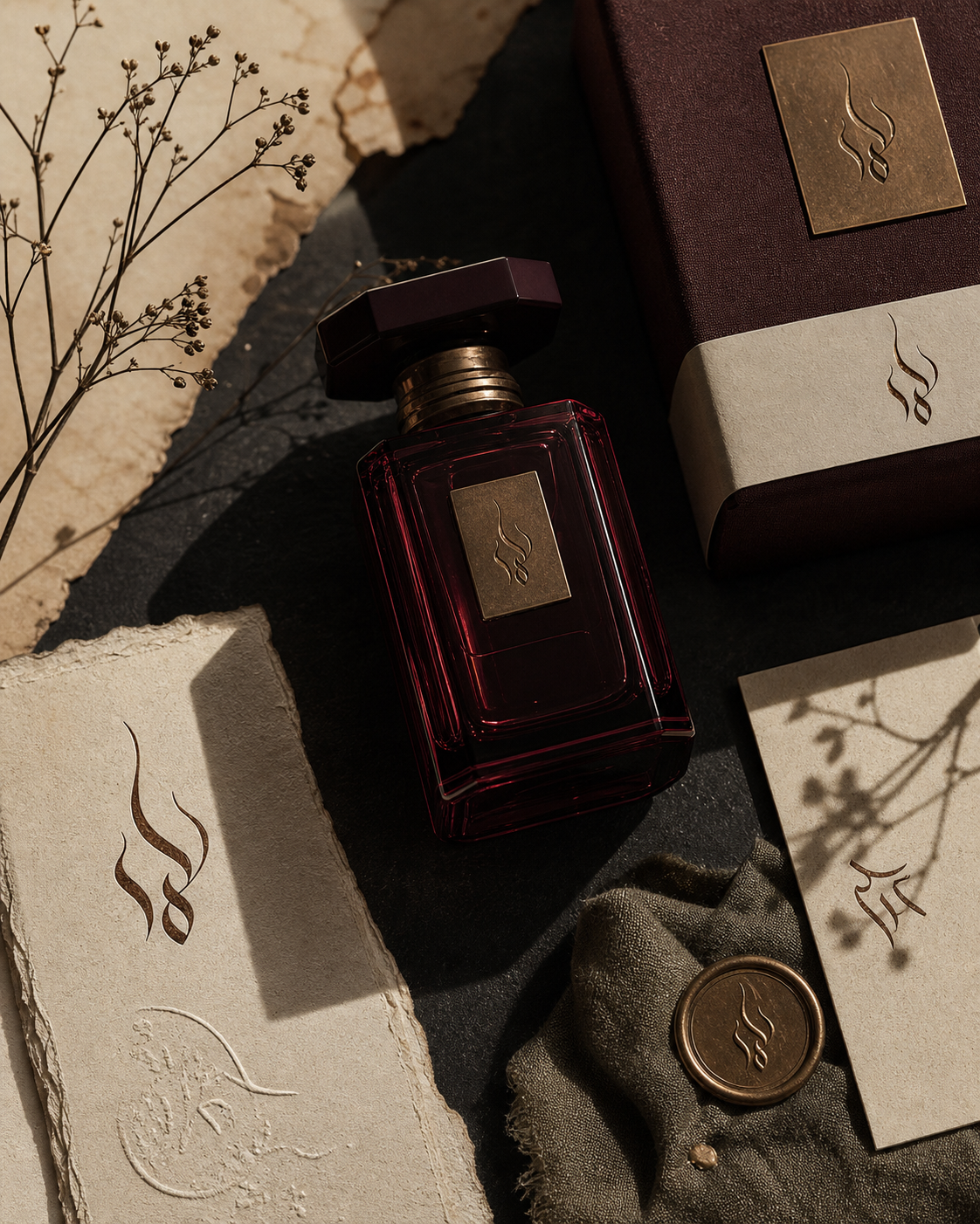 Burgundy fragrance bottle surrounded by parchment and bronze packaging pieces